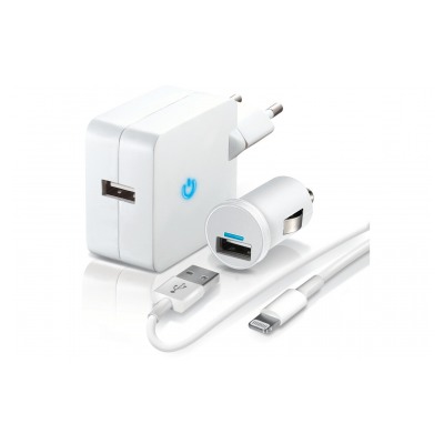 Temium PACK DE CHARGE SECTEUR ET ALLUME CIGARE BLANC AVEC CABLE LIGHTNING FOURNI