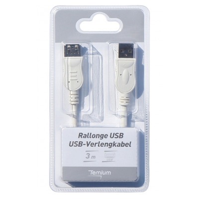 Temium Câble rallonge USB 2.0 3m Gris Blanc