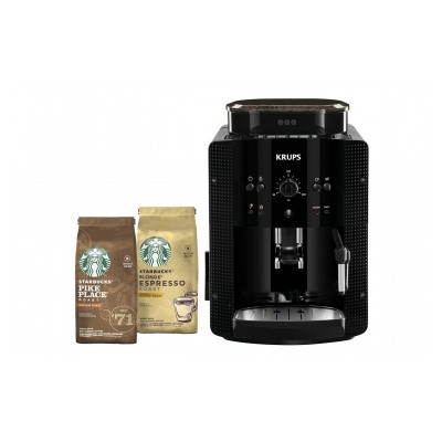 Krups ESSENTIAL Noire Expresso broyeur à café grains YY4540FD + 2 paquets café Starbucks