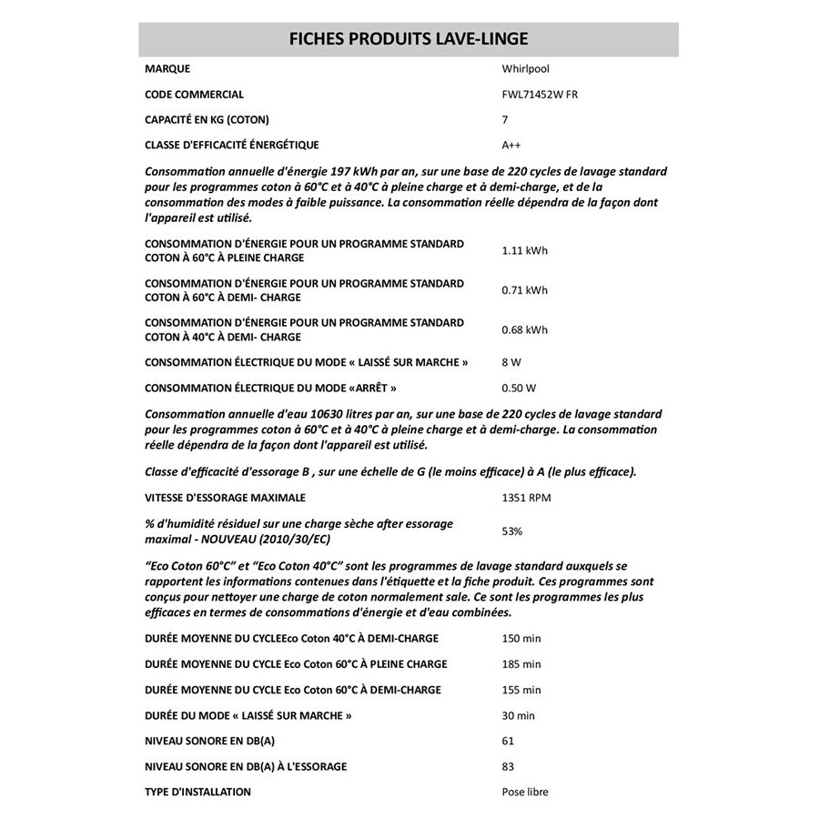 Whirlpool FWL71452WFR n°8
