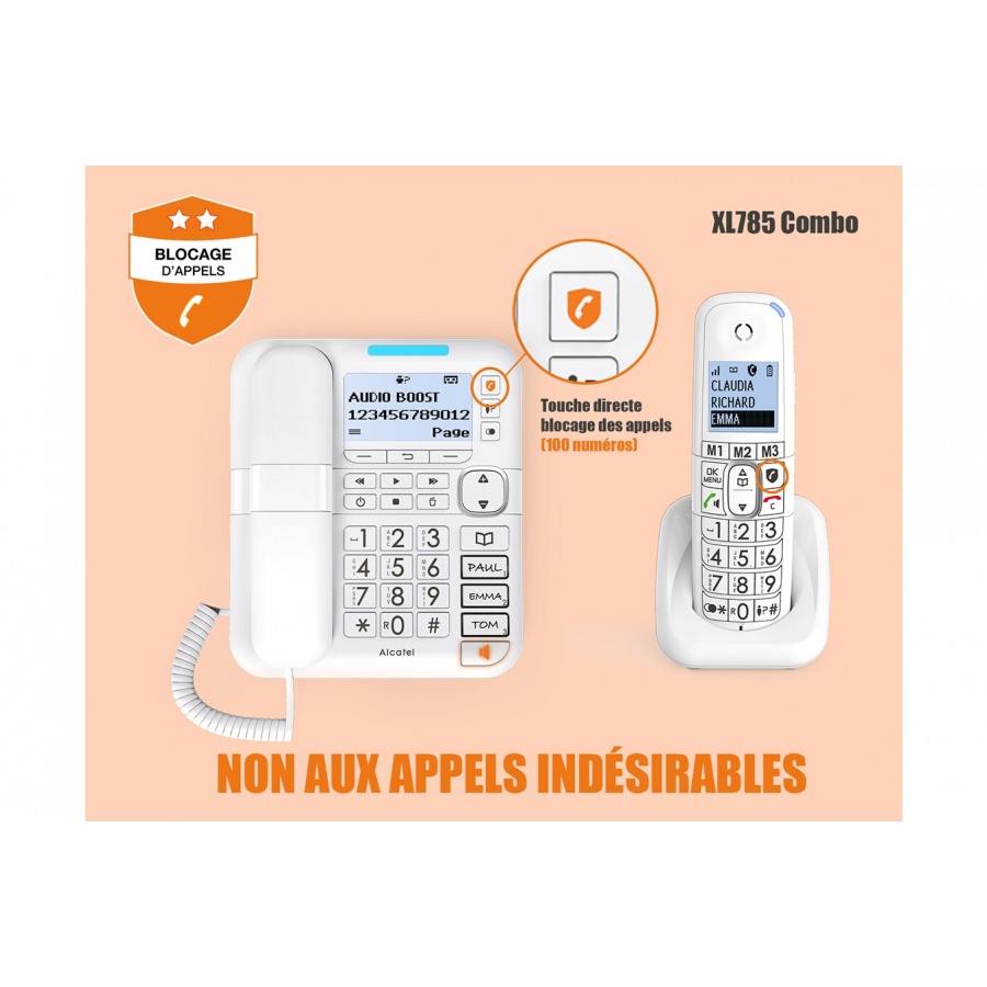 Téléphone fixe Alcatel XL785 Combo (base filaire + combiné DECT) avec  répondeur, grand écran et grosses touches - DARTY Guyane