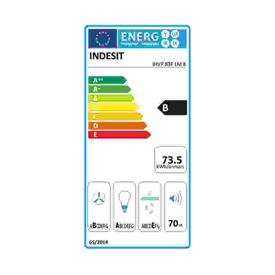 Indesit Hotte, decorative 80cm, Verticale, Alu+Verre, aspiration min/max 400/647 m3/h, niveau sonore min/max 59/70 dB(A), Classe B, filtre a charbon inclus n°4