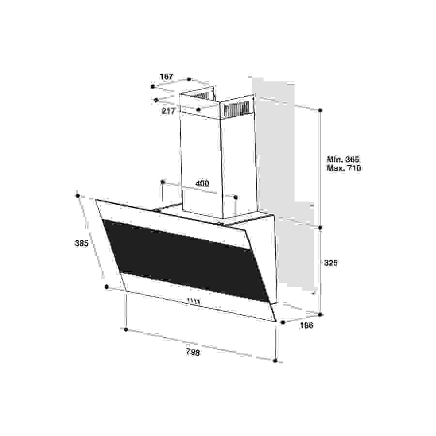 Indesit Hotte, decorative 80cm, Verticale, Alu+Verre, aspiration min/max 400/647 m3/h, niveau sonore min/max 59/70 dB(A), Classe B, filtre a charbon inclus n°5