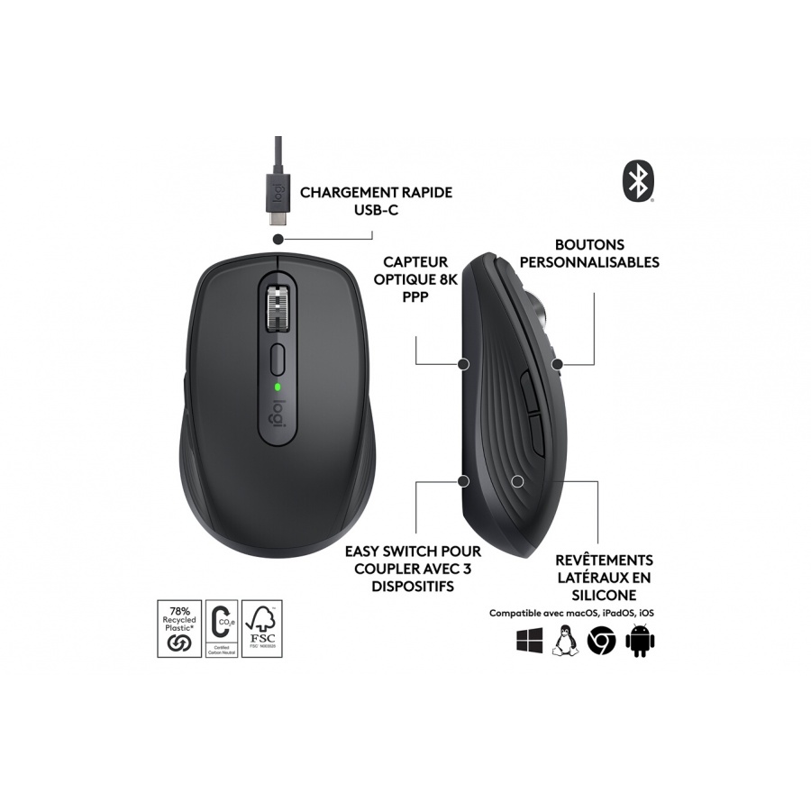 Logitech MX Anywhere 3S Souris Sans Fil Silencieuse, Compacte, Defilement Rapide, Suivi toute Surface en 8K DPI - Graphite n°6